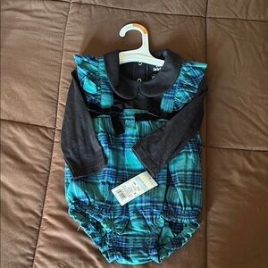 Plaid Baby Romper with Black Collar Long Sleeve Shirt